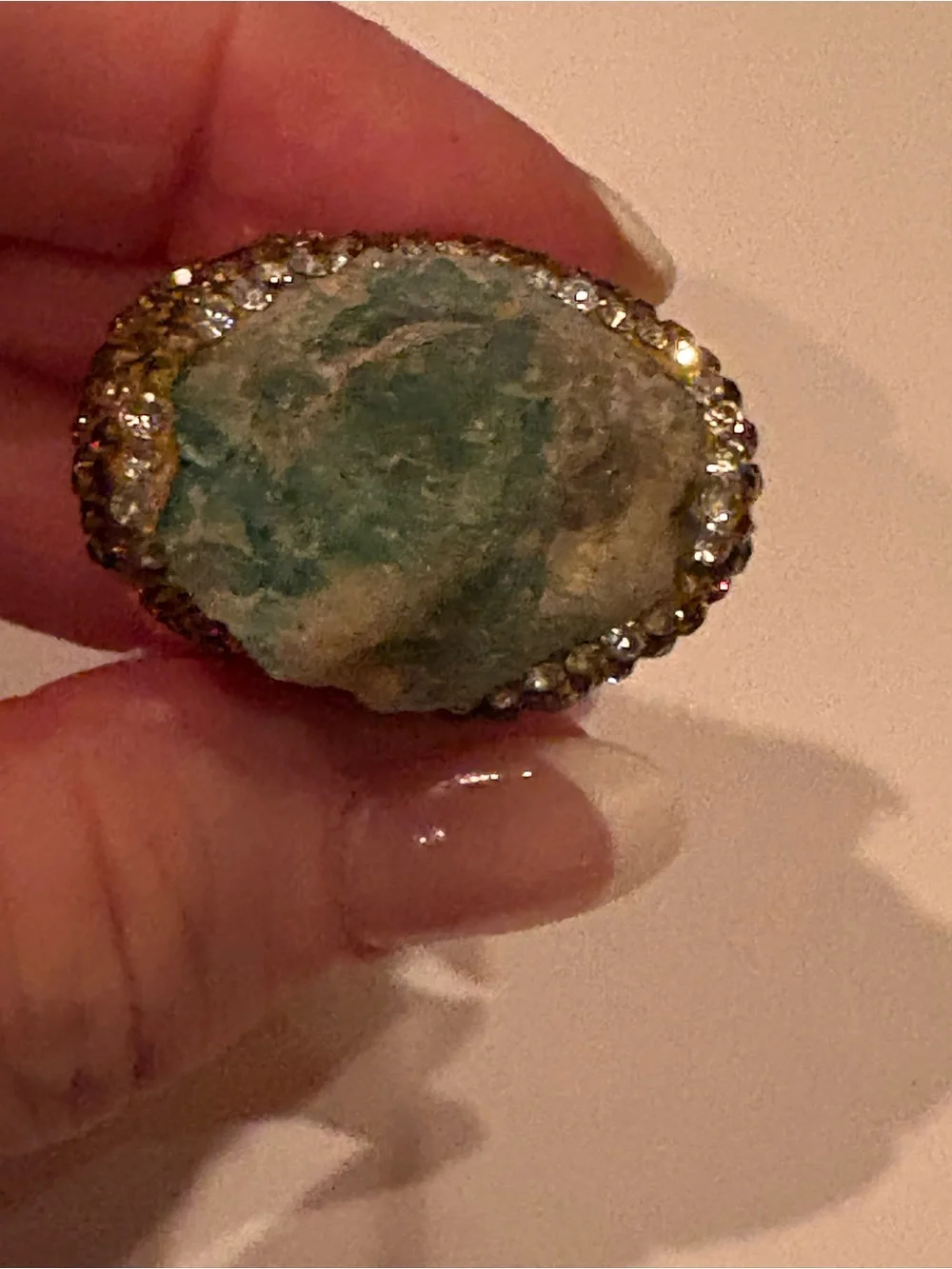 Raw Green Stone Statement Cuff Ring Gold Tone Crystal Pave Adjustable